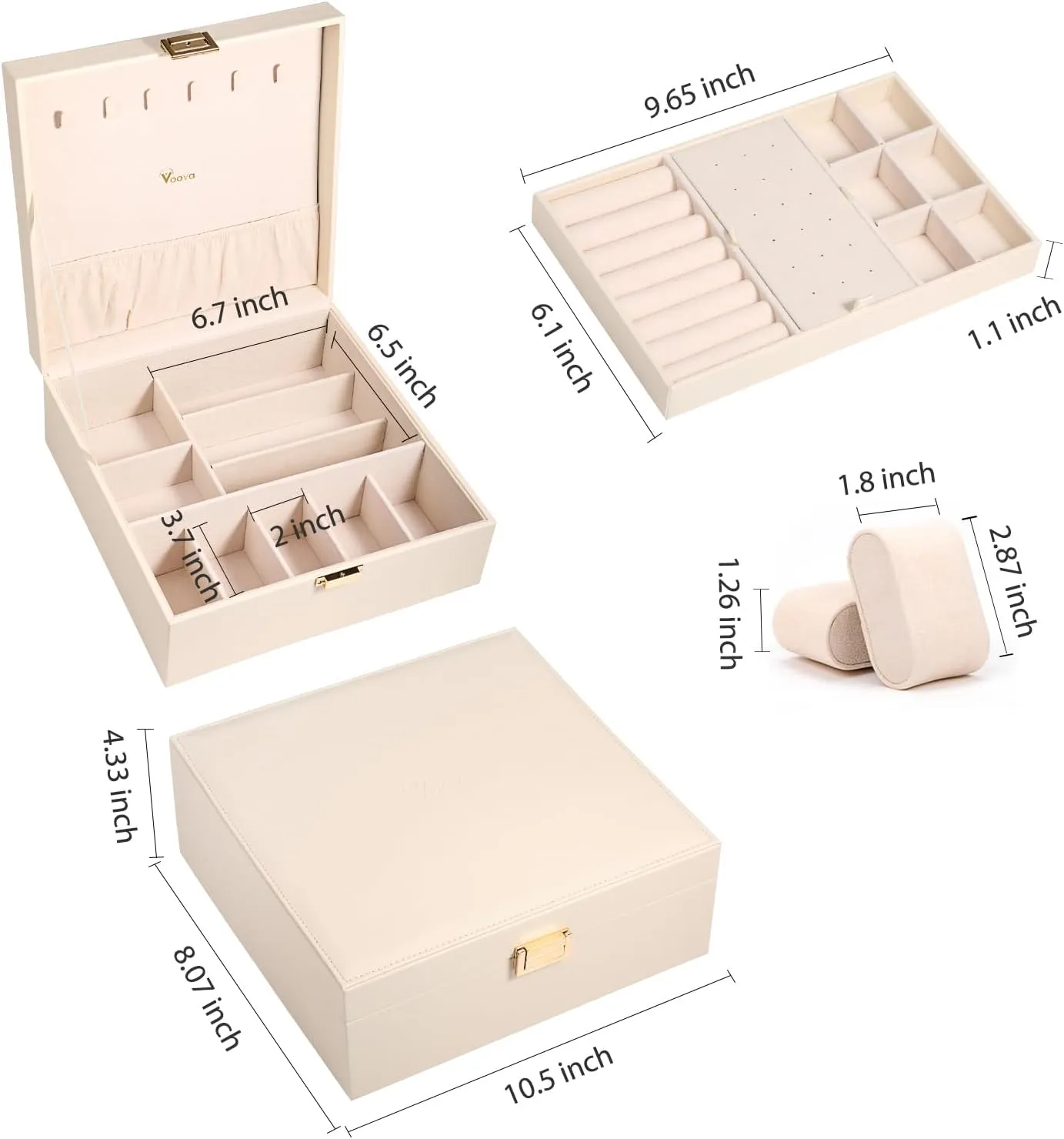 Voova Jewelry Box Organizer for Women Teen Girls,2 Layer 5 Slot Watch Storage Case with Removable Tray, PU Leather Large Jewellery Holder Display for Watches Sunglasses Rings Earrings Necklace,Apricot