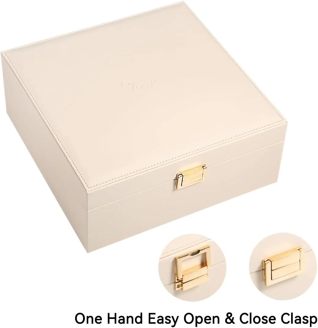 Voova Jewelry Box Organizer for Women Teen Girls,2 Layer 5 Slot Watch Storage Case with Removable Tray, PU Leather Large Jewellery Holder Display for Watches Sunglasses Rings Earrings Necklace,Apricot