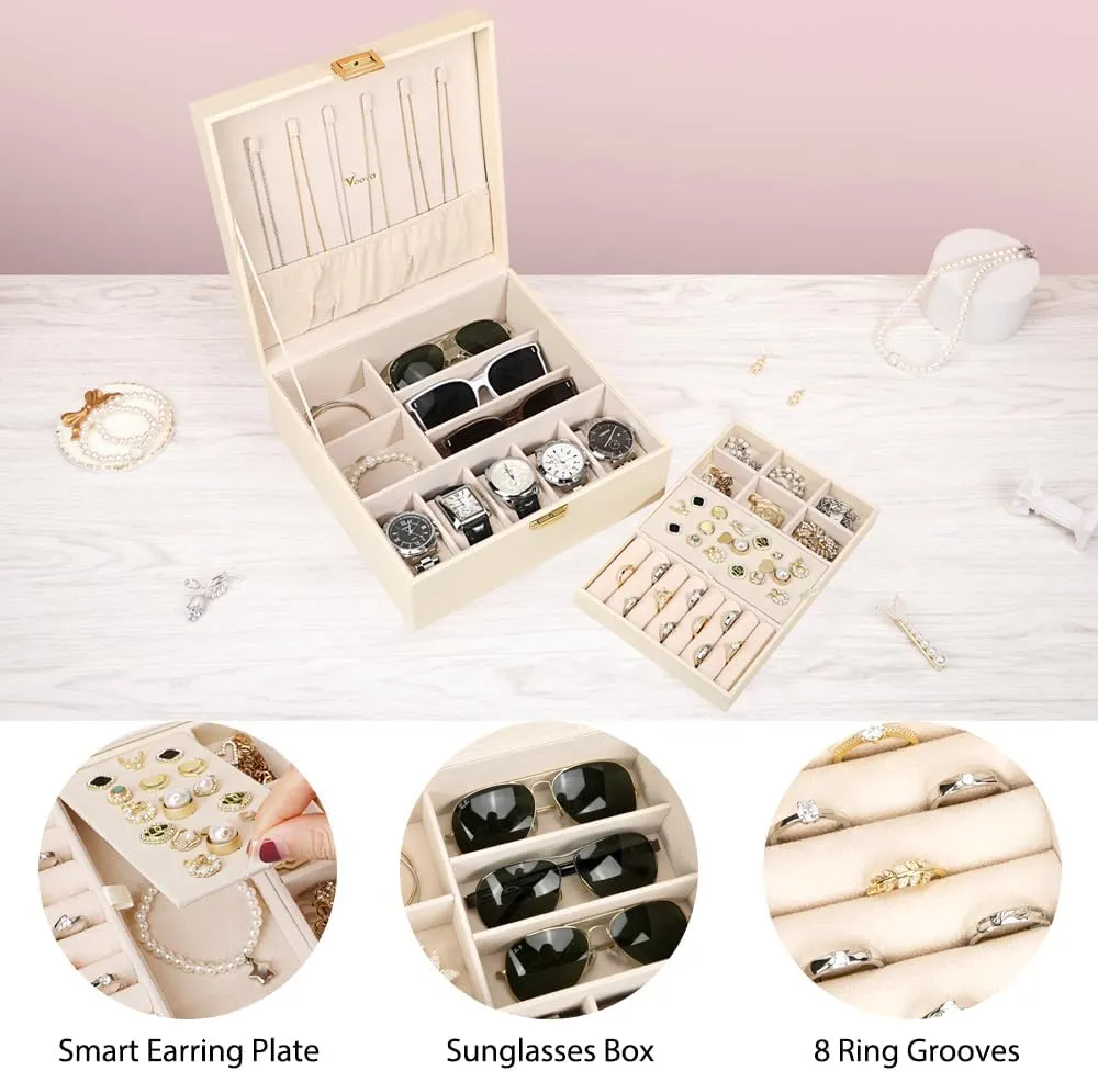 Voova Jewelry Box Organizer for Women Teen Girls,2 Layer 5 Slot Watch Storage Case with Removable Tray, PU Leather Large Jewellery Holder Display for Watches Sunglasses Rings Earrings Necklace,Apricot