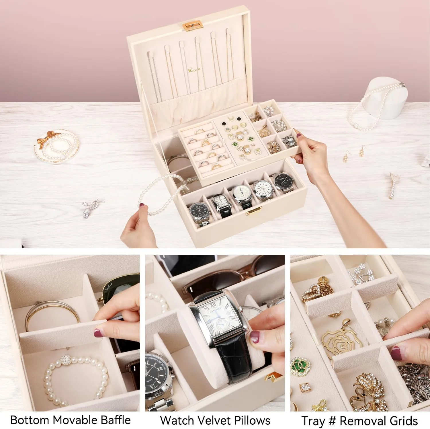Voova Jewelry Box Organizer for Women Teen Girls,2 Layer 5 Slot Watch Storage Case with Removable Tray, PU Leather Large Jewellery Holder Display for Watches Sunglasses Rings Earrings Necklace,Apricot