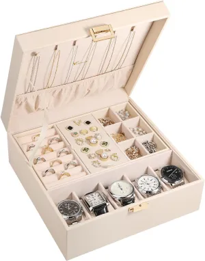 Voova Jewelry Box Organizer for Women Teen Girls,2 Layer 5 Slot Watch Storage Case with Removable Tray, PU Leather Large Jewellery Holder Display for Watches Sunglasses Rings Earrings Necklace,Apricot