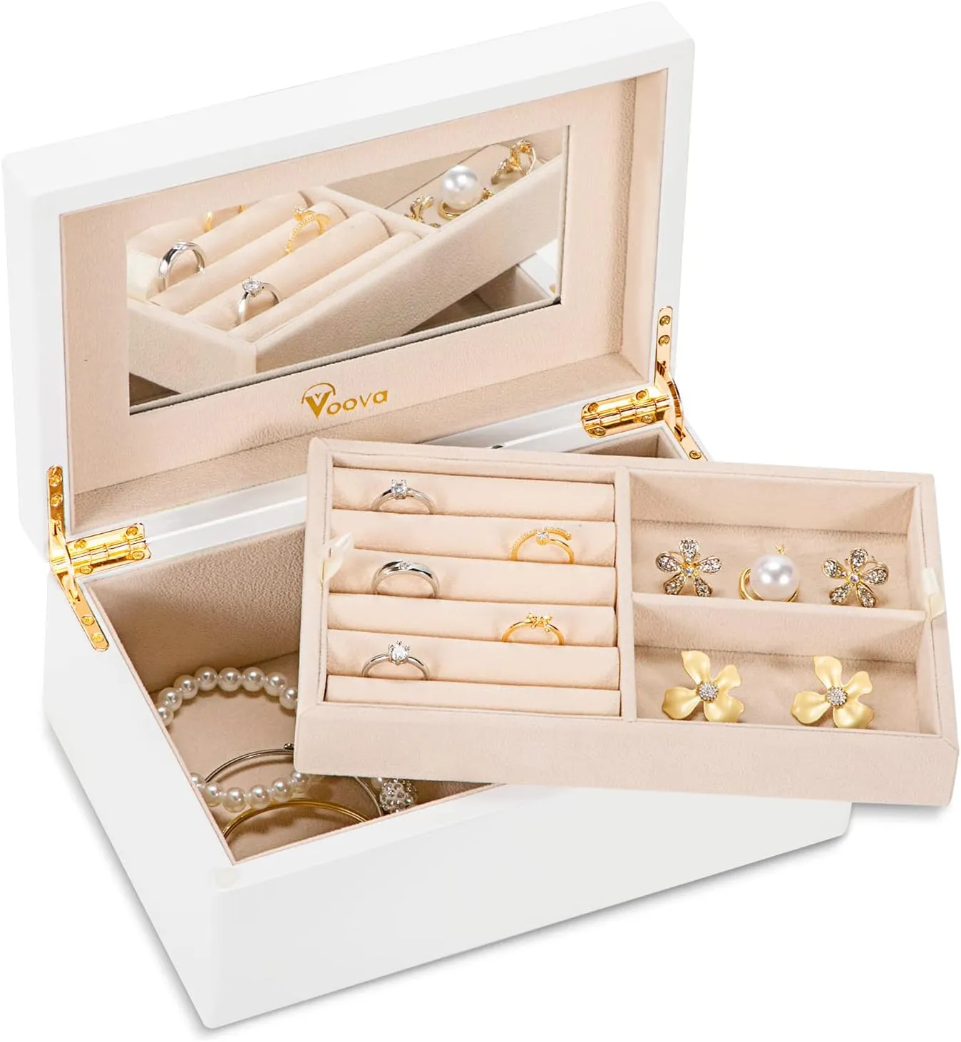 Voova Wooden Jewelry Box Organiser for Women Girls, Deluxe Piano Paint Jewelry Storage Case with Mirror, 2 Layer Jewellery Display Holder with Removable Tray for Earrings Rings Bracelets, White