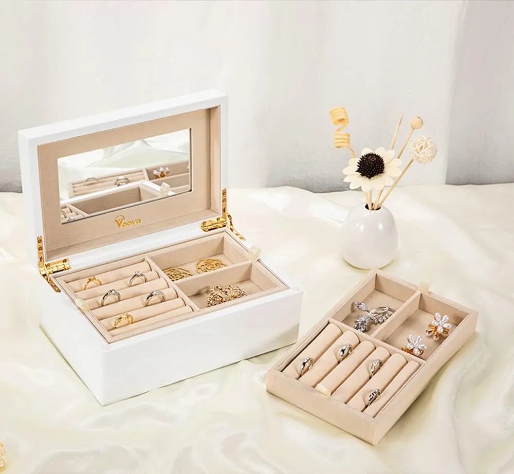 Voova Wooden Jewelry Box Organiser for Women Girls, Deluxe Piano Paint Jewelry Storage Case with Mirror, 2 Layer Jewellery Display Holder with Removable Tray for Earrings Rings Bracelets, White