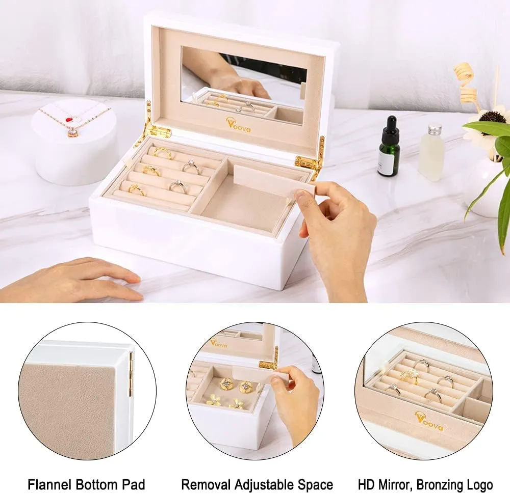 Voova Wooden Jewelry Box Organiser for Women Girls, Deluxe Piano Paint Jewelry Storage Case with Mirror, 2 Layer Jewellery Display Holder with Removable Tray for Earrings Rings Bracelets, White