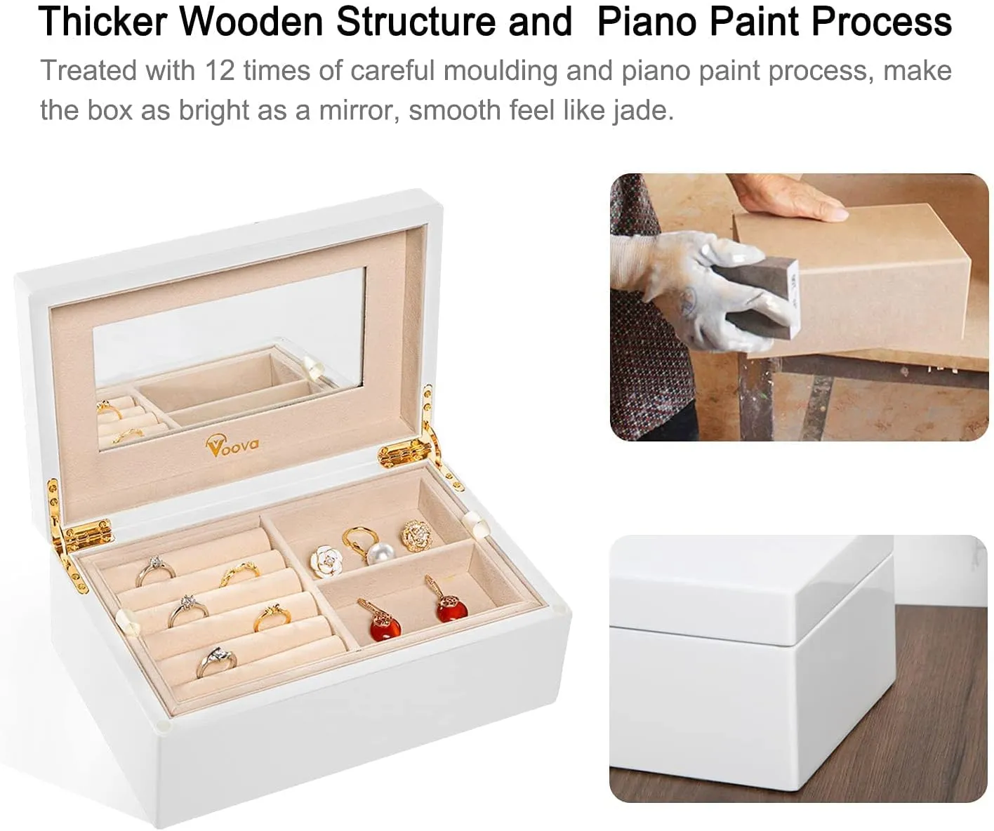 Voova Wooden Jewelry Box Organiser for Women Girls, Deluxe Piano Paint Jewelry Storage Case with Mirror, 2 Layer Jewellery Display Holder with Removable Tray for Earrings Rings Bracelets, White