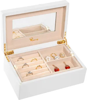 Voova Wooden Jewelry Box Organiser for Women Girls, Deluxe Piano Paint Jewelry Storage Case with Mirror, 2 Layer Jewellery Display Holder with Removable Tray for Earrings Rings Bracelets, White