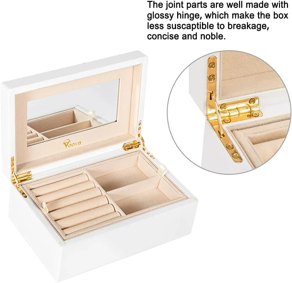 Voova Wooden Jewelry Box Organiser for Women Girls, Deluxe Piano Paint Jewelry Storage Case with Mirror, 2 Layer Jewellery Display Holder with Removable Tray for Earrings Rings Bracelets, White