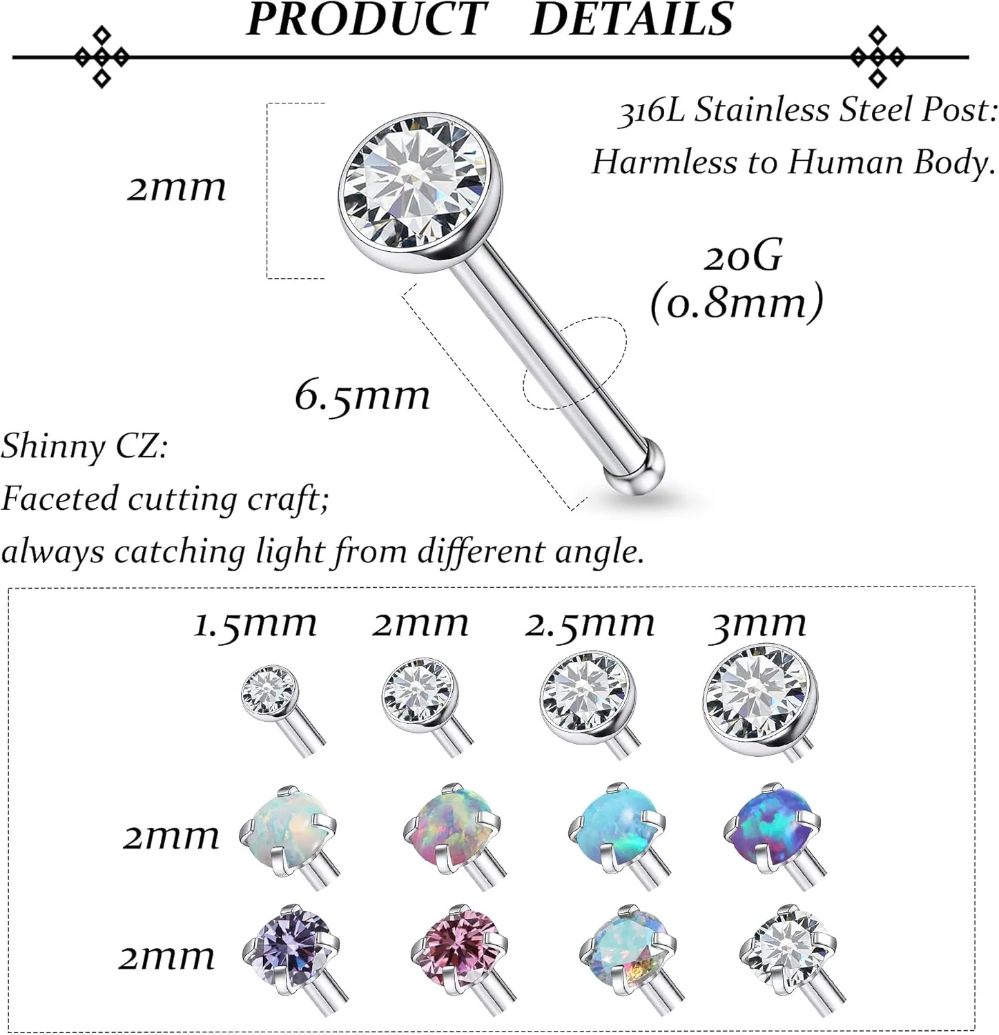 Vsnnsns 18G 20G 22G Nose Rings Studs Piercing Jewelry for Women 316L Surgical Stainless Steel L Shaped Corkscrew Straight Opal Diamond CZ Nose Rings Studs Nostril Piercing Jewelry For Women Men Silver