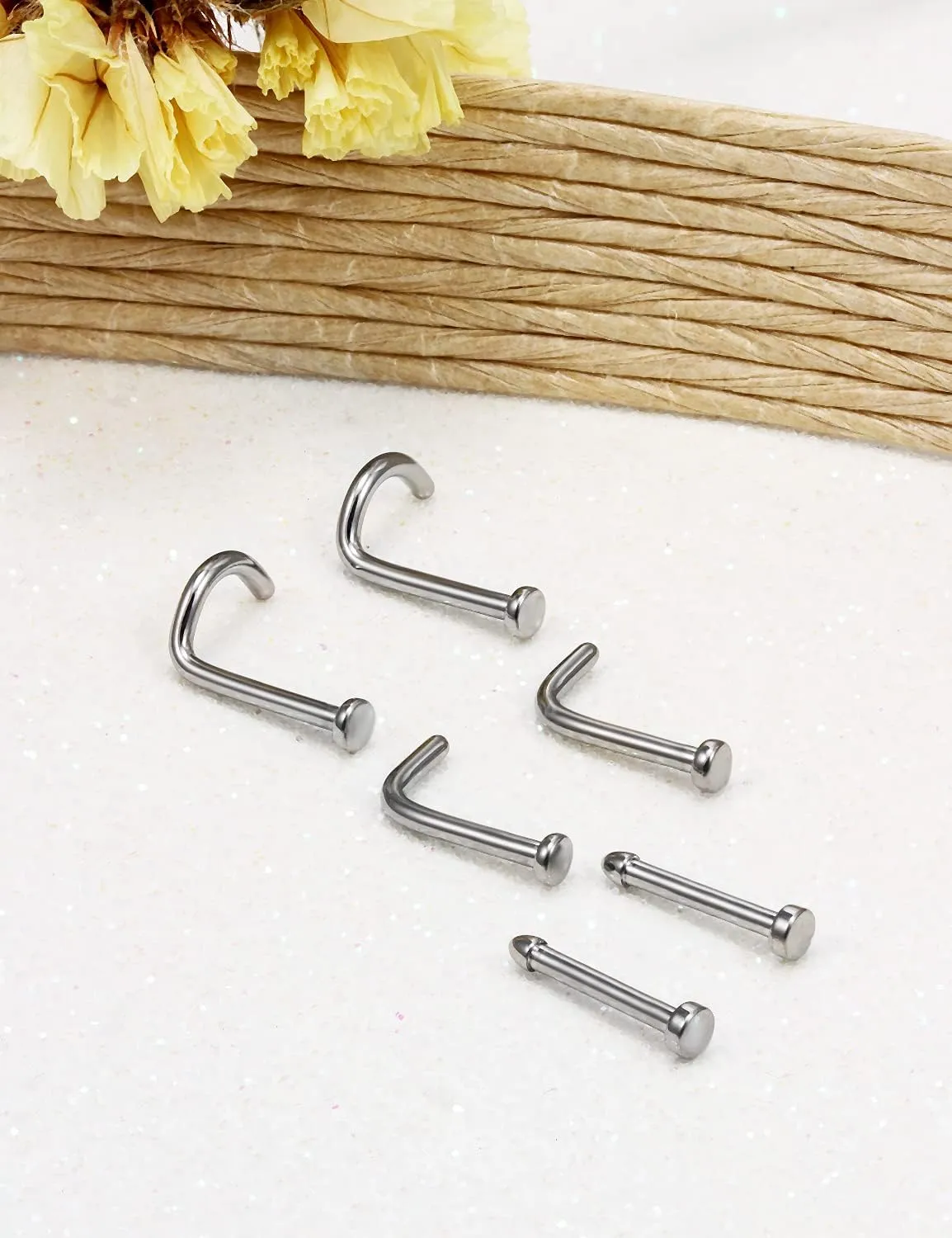 Vsnnsns 18G 20G Nose Rings Studs for Women G23 Titanium Nose Piercing L Shaped Nose Rings Corkscrew Bone Nose Ring Studs Piercings Jewelry for Women Men Diamond CZ Flat Top 2mm 6pcs
