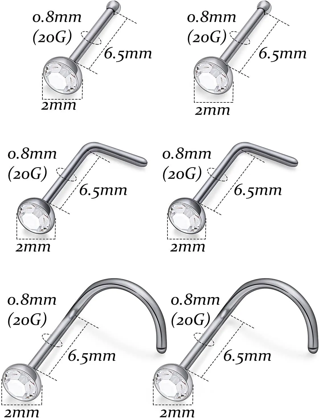 Vsnnsns 18G 20G Nose Rings Studs for Women G23 Titanium Nose Piercing L Shaped Nose Rings Corkscrew Bone Nose Ring Studs Piercings Jewelry for Women Men Diamond CZ Flat Top 2mm 6pcs