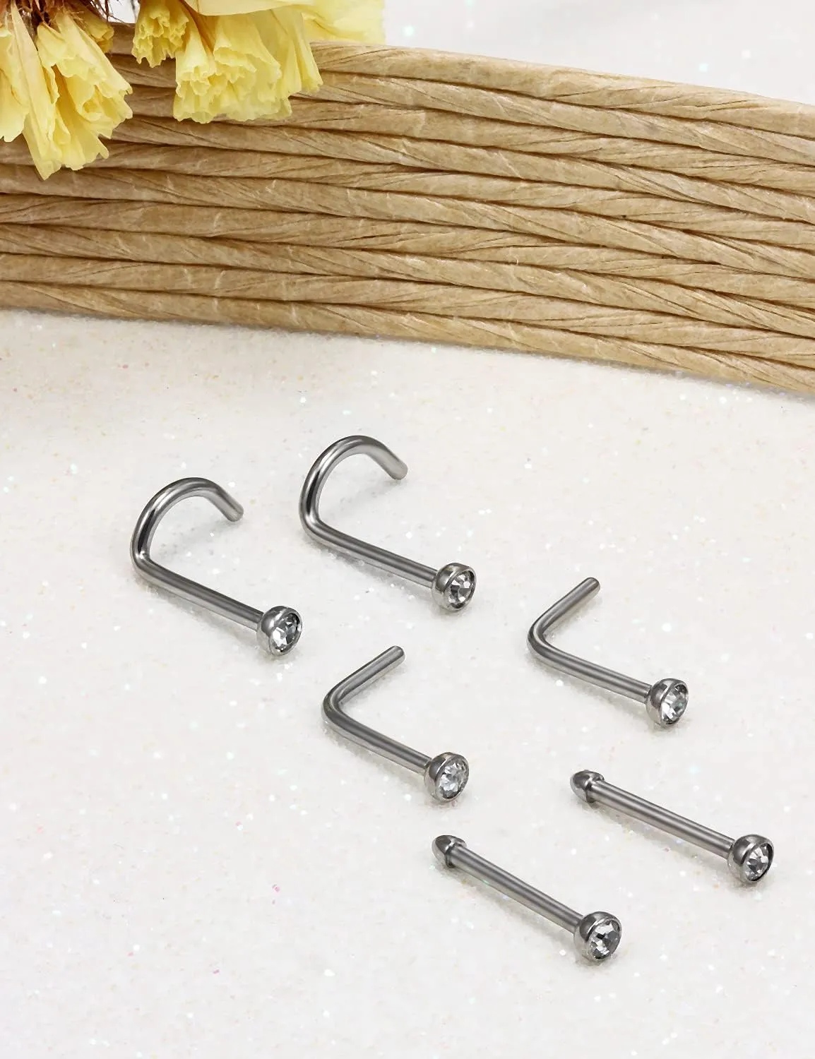 Vsnnsns 18G 20G Nose Rings Studs for Women G23 Titanium Nose Piercing L Shaped Nose Rings Corkscrew Bone Nose Ring Studs Piercings Jewelry for Women Men Diamond CZ Flat Top 2mm 6pcs