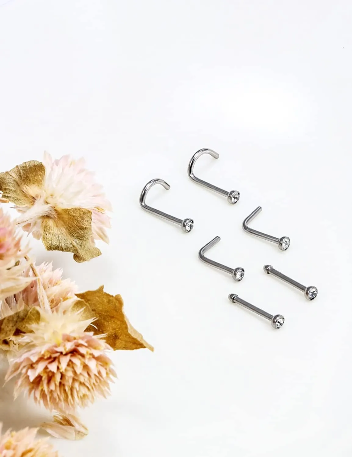 Vsnnsns 18G 20G Nose Rings Studs for Women G23 Titanium Nose Piercing L Shaped Nose Rings Corkscrew Bone Nose Ring Studs Piercings Jewelry for Women Men Diamond CZ Flat Top 2mm 6pcs