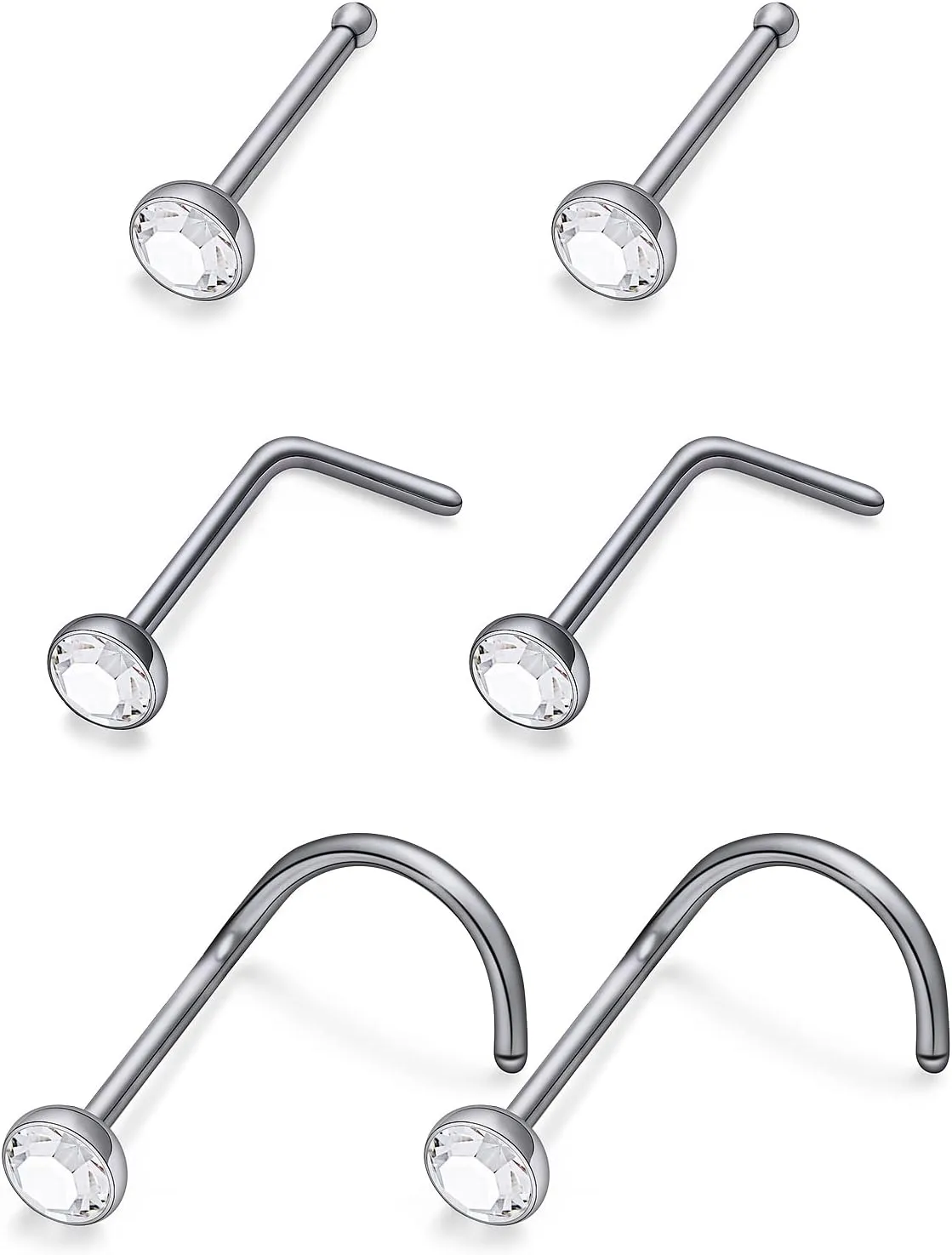 Vsnnsns 18G 20G Nose Rings Studs for Women G23 Titanium Nose Piercing L Shaped Nose Rings Corkscrew Bone Nose Ring Studs Piercings Jewelry for Women Men Diamond CZ Flat Top 2mm 6pcs