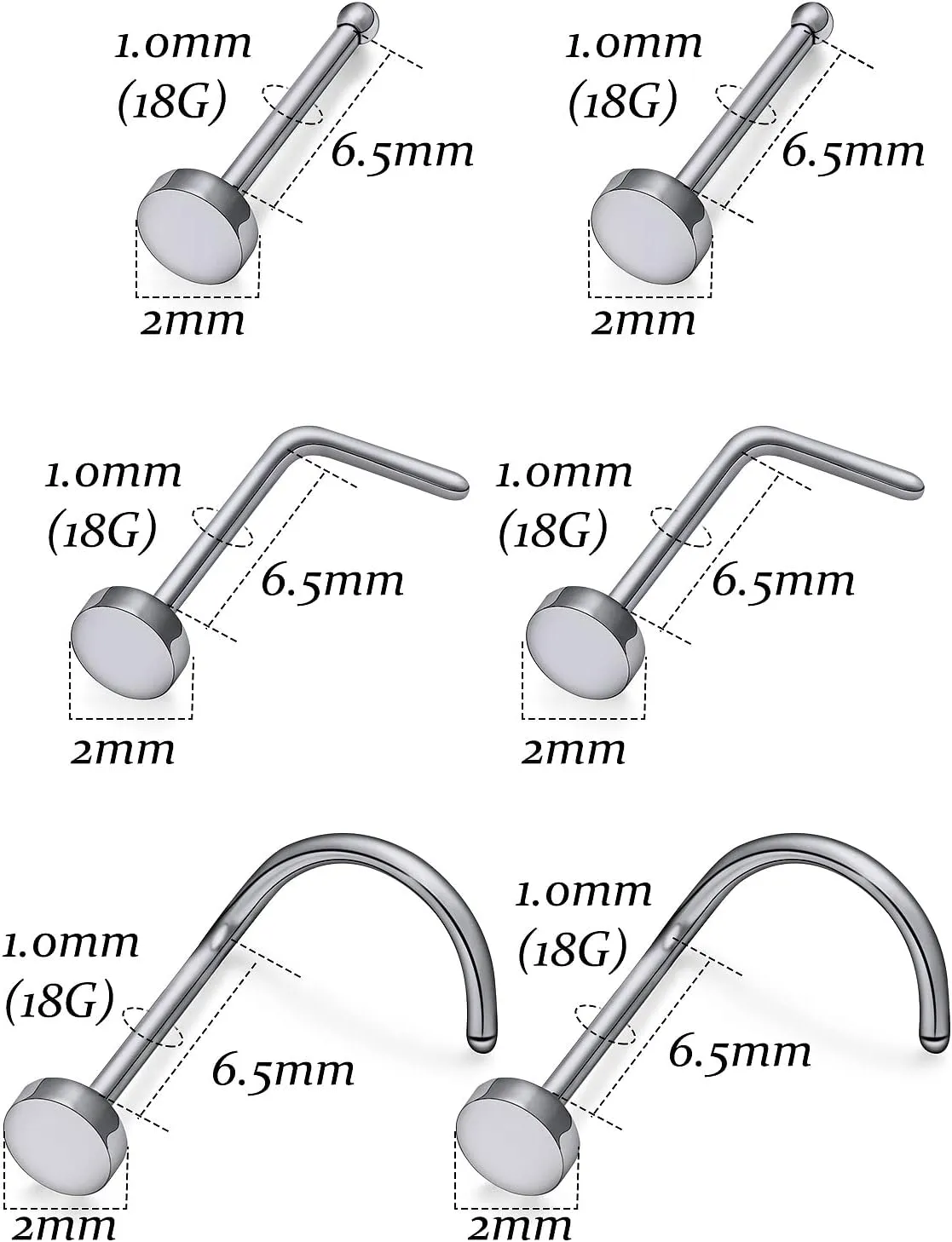 Vsnnsns 18G 20G Nose Rings Studs for Women G23 Titanium Nose Piercing L Shaped Nose Rings Corkscrew Bone Nose Ring Studs Piercings Jewelry for Women Men Diamond CZ Flat Top 2mm 6pcs