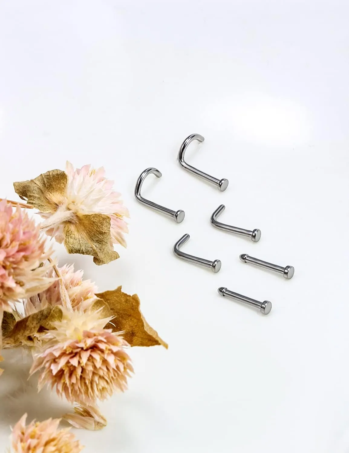 Vsnnsns 18G 20G Nose Rings Studs for Women G23 Titanium Nose Piercing L Shaped Nose Rings Corkscrew Bone Nose Ring Studs Piercings Jewelry for Women Men Diamond CZ Flat Top 2mm 6pcs