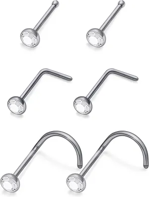 Vsnnsns 18G 20G Nose Rings Studs for Women G23 Titanium Nose Piercing L Shaped Nose Rings Corkscrew Bone Nose Ring Studs Piercings Jewelry for Women Men Diamond CZ Flat Top 2mm 6pcs