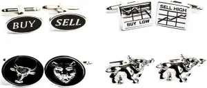 Wall Street Stockbroker Trader Bear Bull 4 Pairs Cufflinks in Presentation Gift Box & Polishing Cloth
