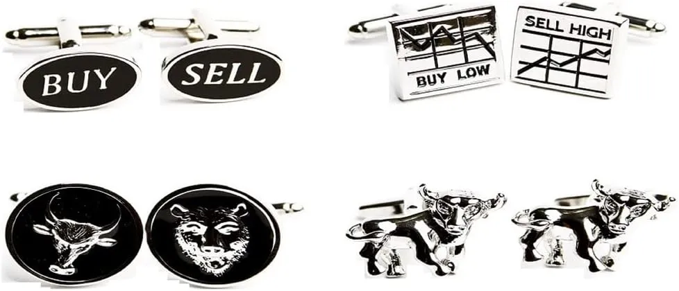 Wall Street Stockbroker Trader Bear Bull 4 Pairs Cufflinks in Presentation Gift Box & Polishing Cloth