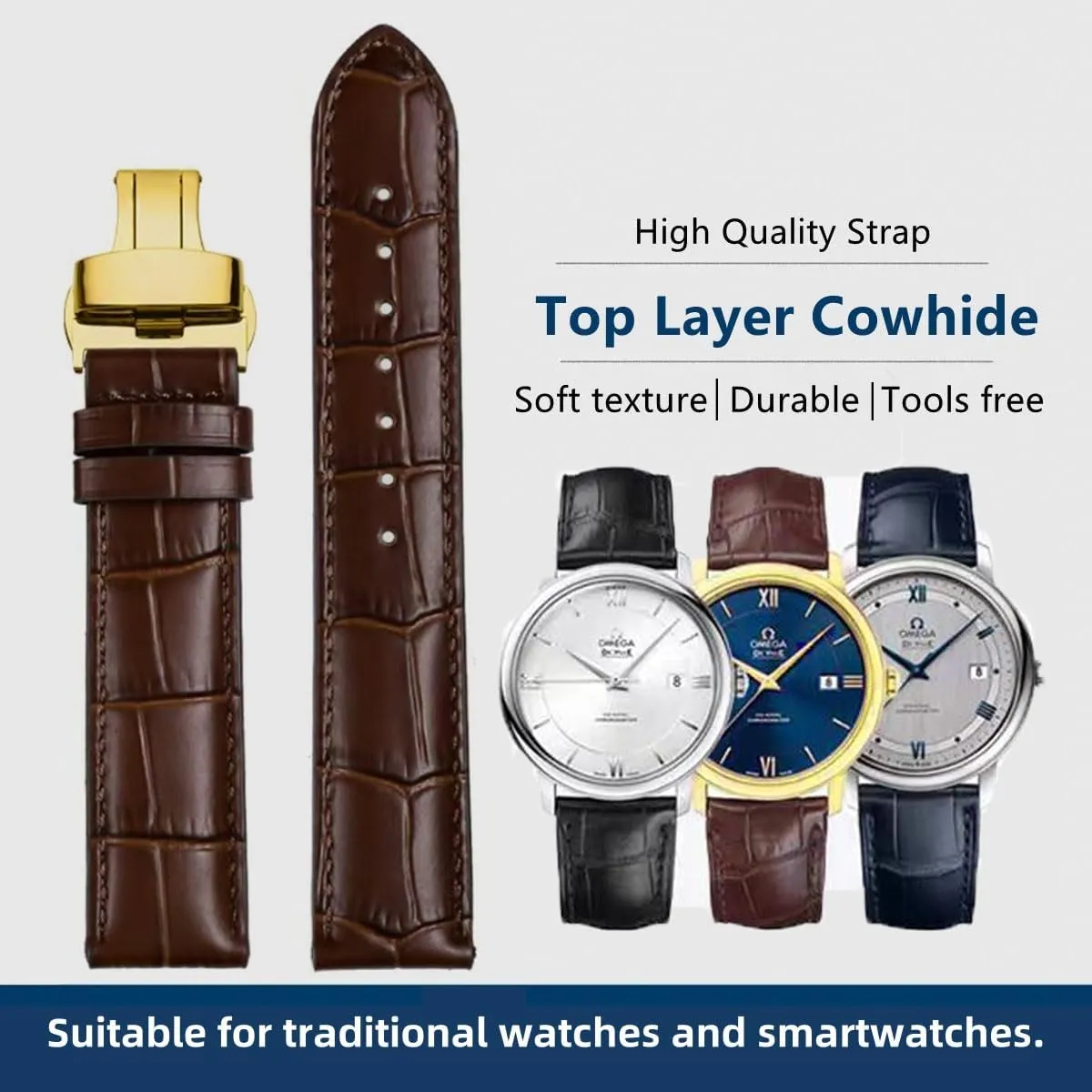 Watch Bands Genuine Leather Embossed Alligator Grain Calfskin Deployment Buckle Replacement Strap for Women Men Bracelet Men's and Women's Watch Straps 14mm to 24mm