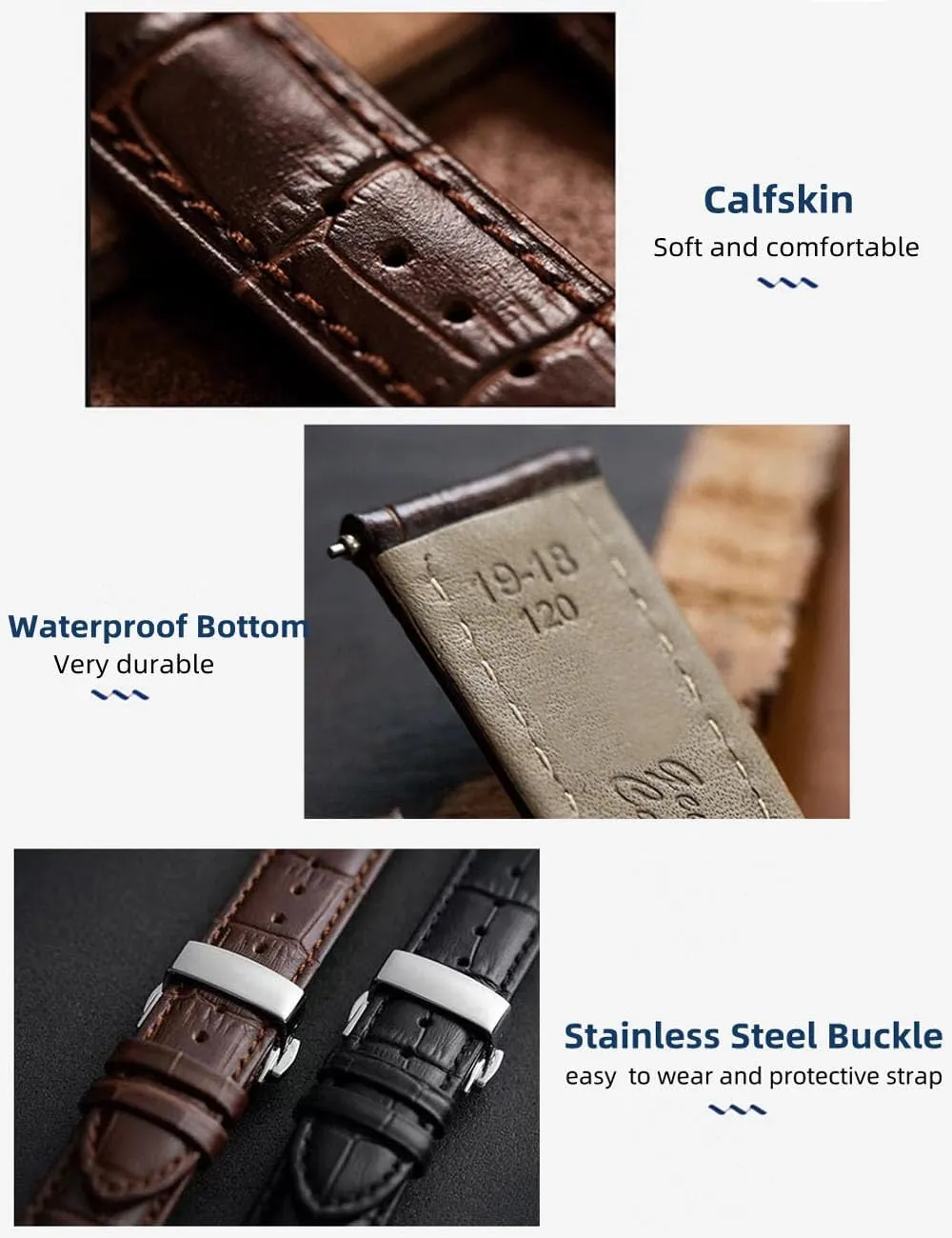 Watch Bands Genuine Leather Embossed Alligator Grain Calfskin Deployment Buckle Replacement Strap for Women Men Bracelet Men's and Women's Watch Straps 14mm to 24mm