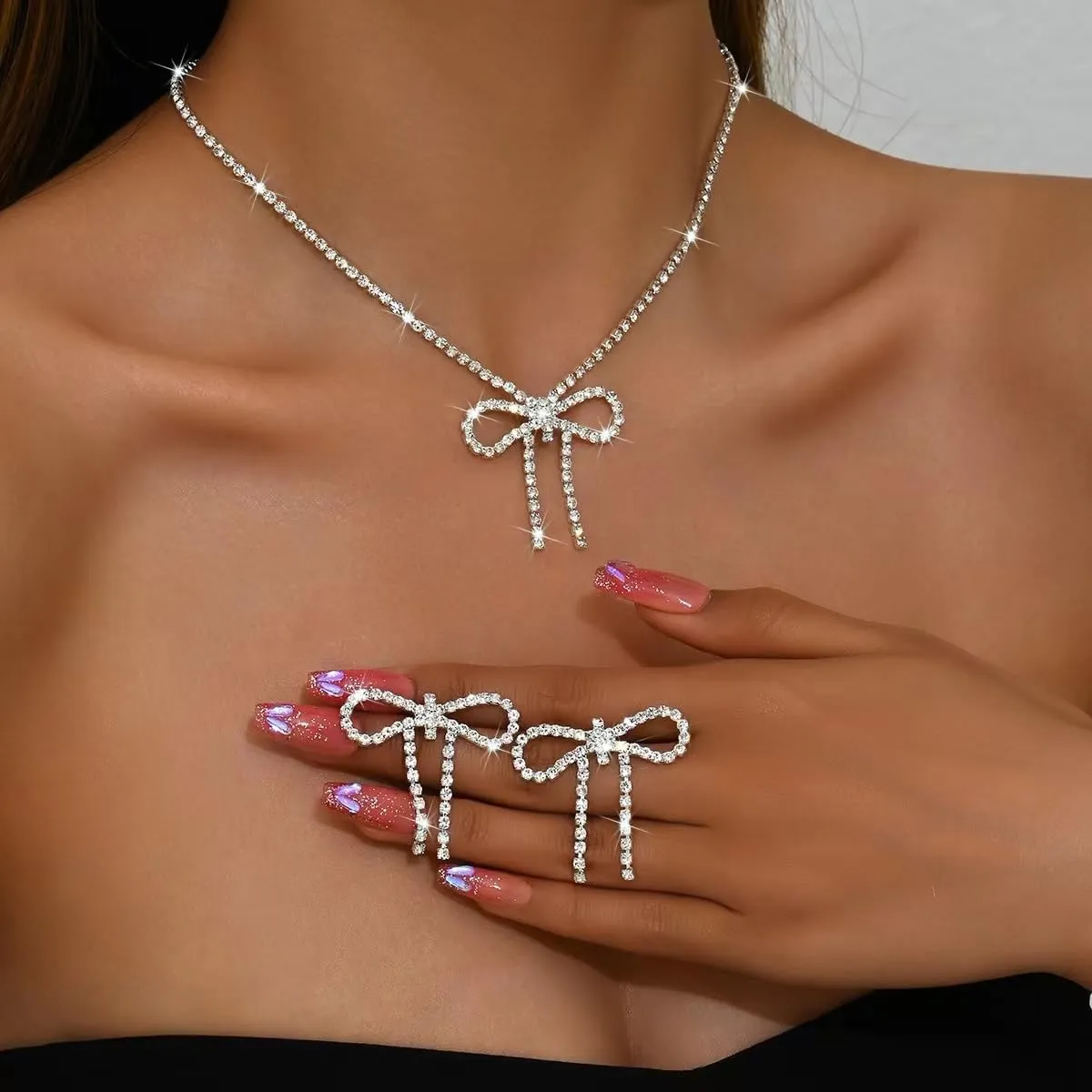 Wedding Jewelry Sets for Brides Bridesmaid Rhinestone Crystal Statement Choker Necklace Earrings Bracelet Set Bridal Wedding Prom Jewelry Accessories for Women