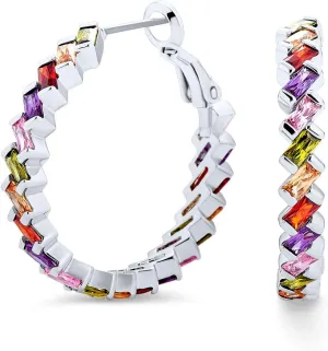 Wedding Modern Bridal Clear Cubic Zirconia Multi Color AAA CZ Baguettes Statement Large Pearl CZ Inside Out Hoop Earrings For Women Rose Yellow Gold Silver Plated Clear Or Multi Color 1.25 Inch