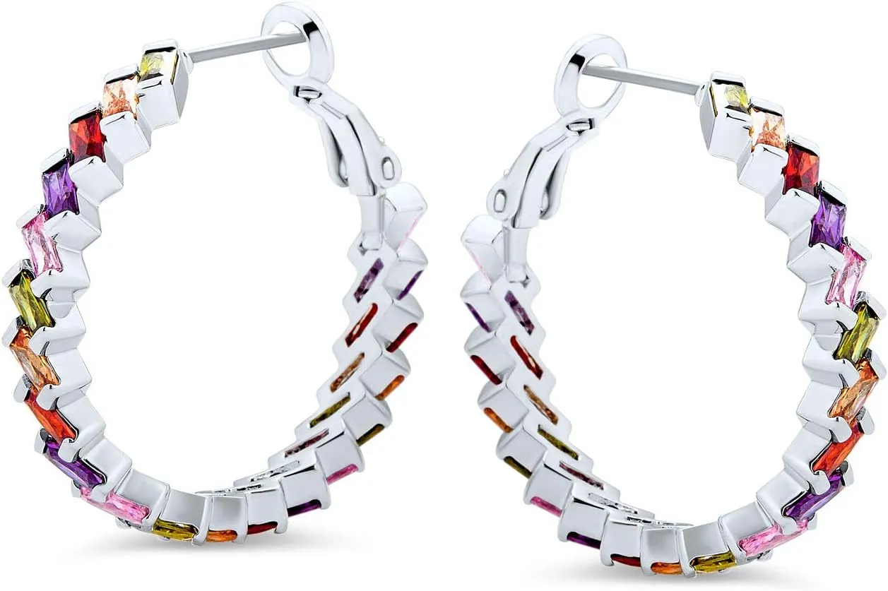 Wedding Modern Bridal Clear Cubic Zirconia Multi Color AAA CZ Baguettes Statement Large Pearl CZ Inside Out Hoop Earrings For Women Rose Yellow Gold Silver Plated Clear Or Multi Color 1.25 Inch