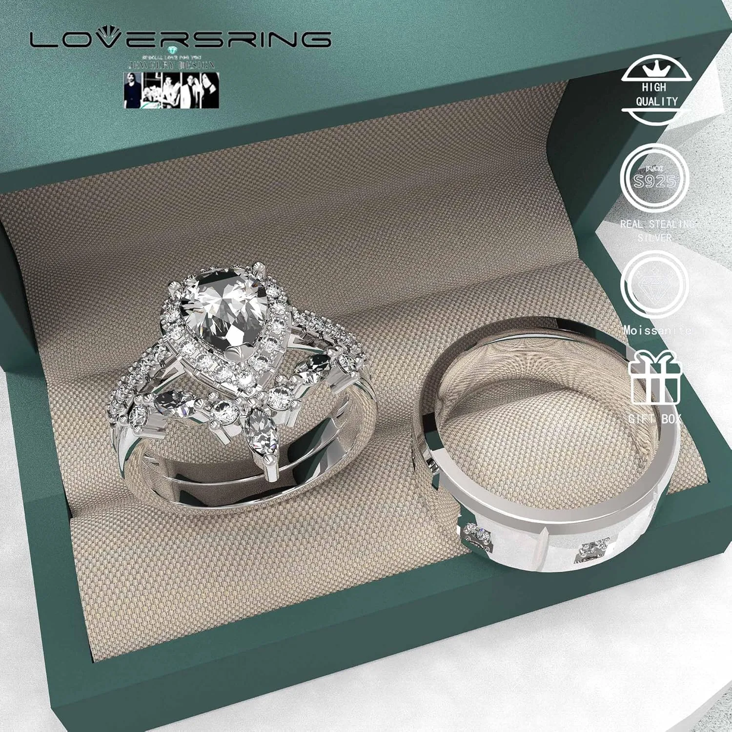 Wedding Ring Sets His And Hers Promise Ring Wedding Ring Sets His And Hers Couples Women 925 Sterling Silver Pear shaped cut Moissanite Man titanium Wedding Band
