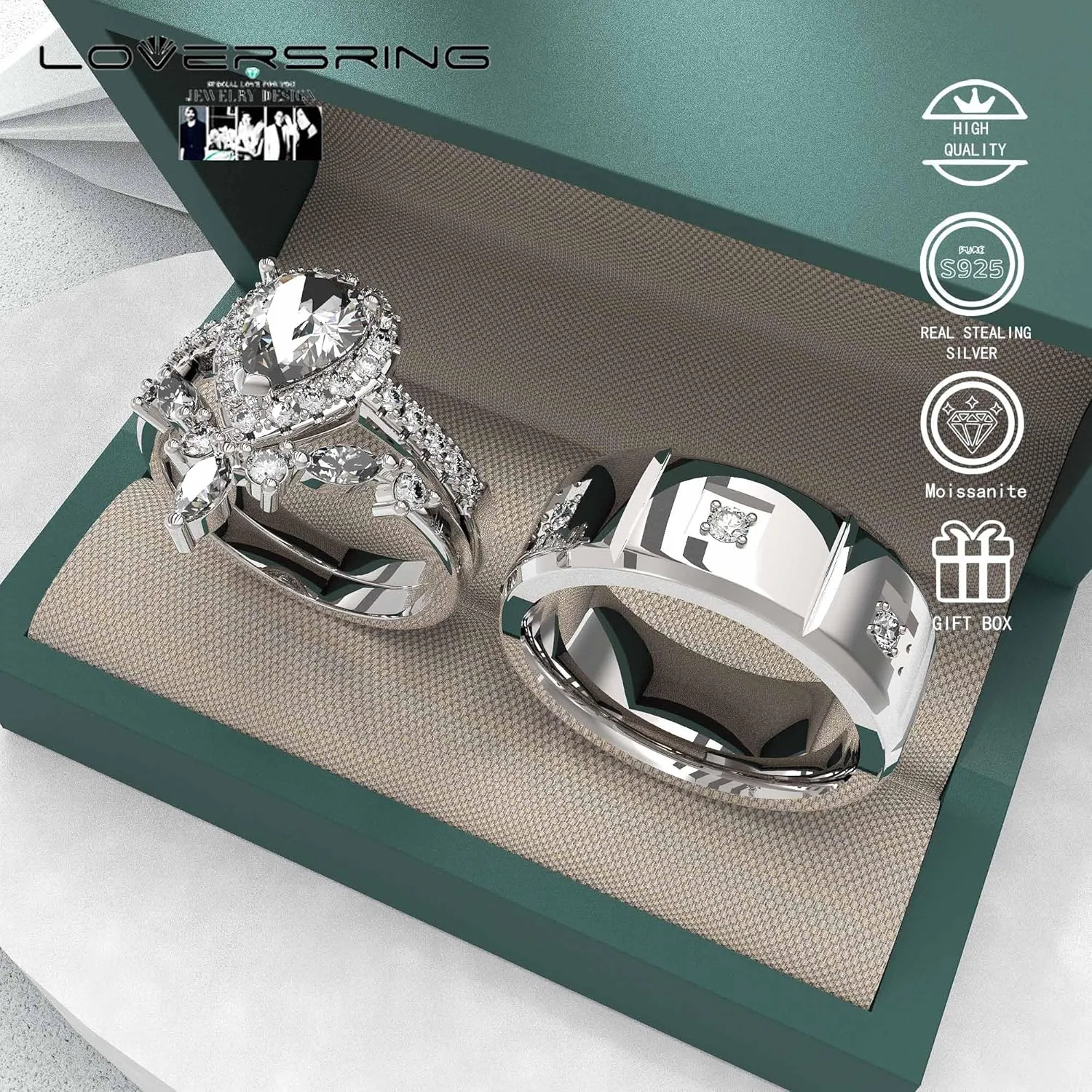 Wedding Ring Sets His And Hers Promise Ring Wedding Ring Sets His And Hers Couples Women 925 Sterling Silver Pear shaped cut Moissanite Man titanium Wedding Band
