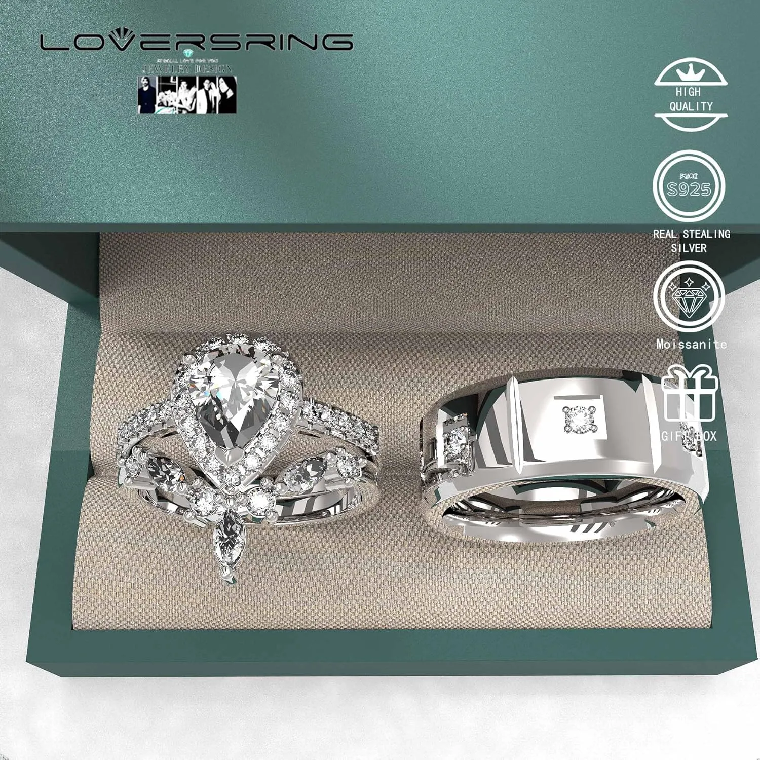 Wedding Ring Sets His And Hers Promise Ring Wedding Ring Sets His And Hers Couples Women 925 Sterling Silver Pear shaped cut Moissanite Man titanium Wedding Band
