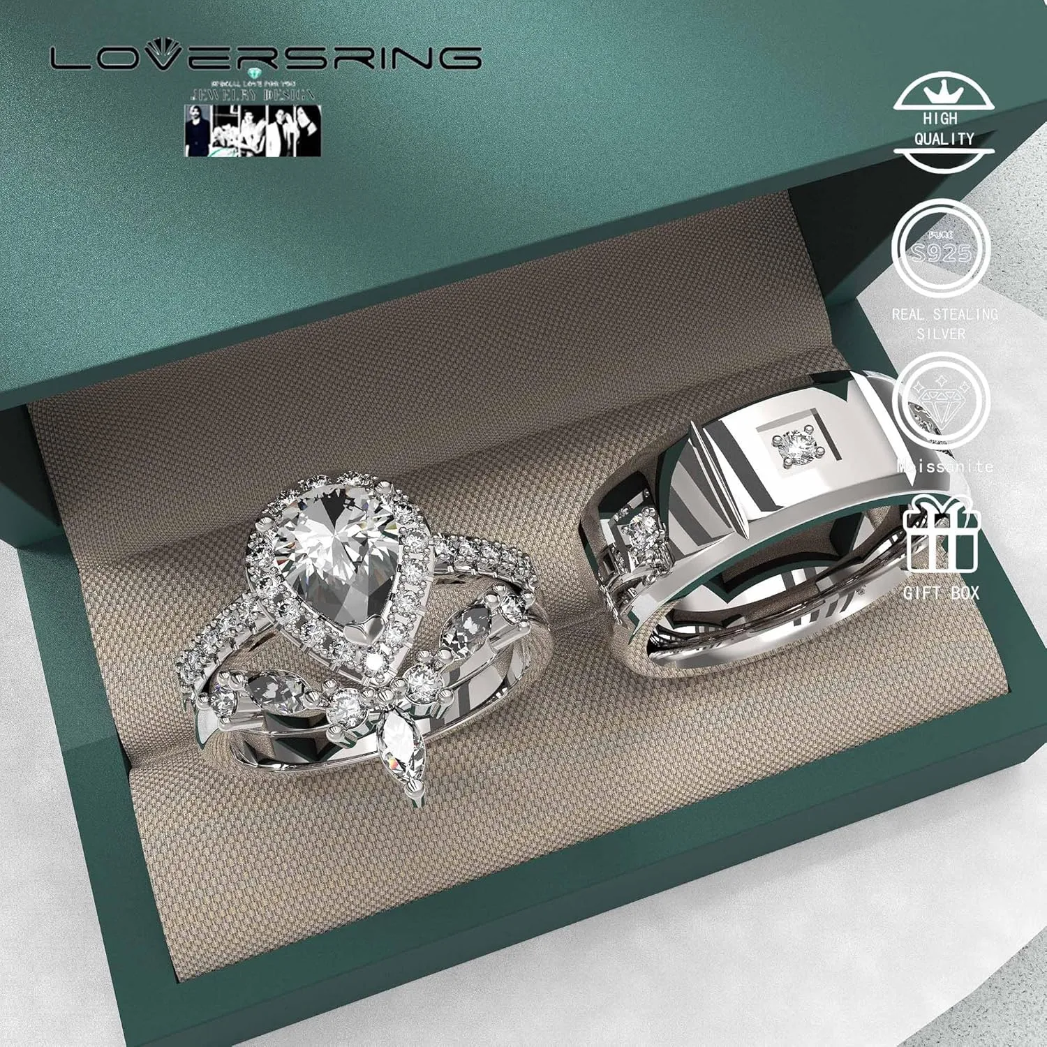 Wedding Ring Sets His And Hers Promise Ring Wedding Ring Sets His And Hers Couples Women 925 Sterling Silver Pear shaped cut Moissanite Man titanium Wedding Band