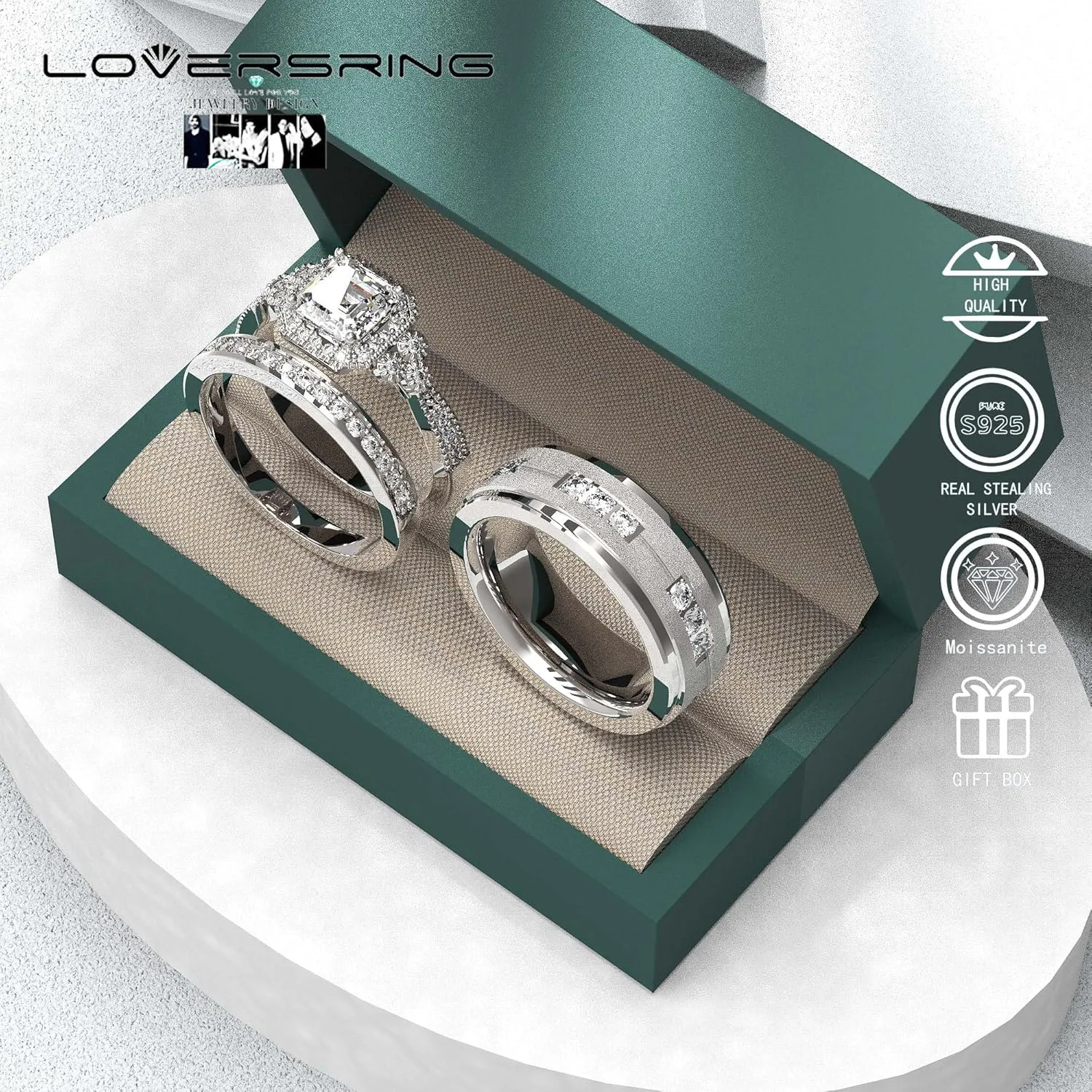 Wedding Ring Sets His And Hers Promise Ring Wedding Ring Sets His And Hers Couples Women 925 Sterling Silver Square Cut Moissanite Man titanium Wedding Band
