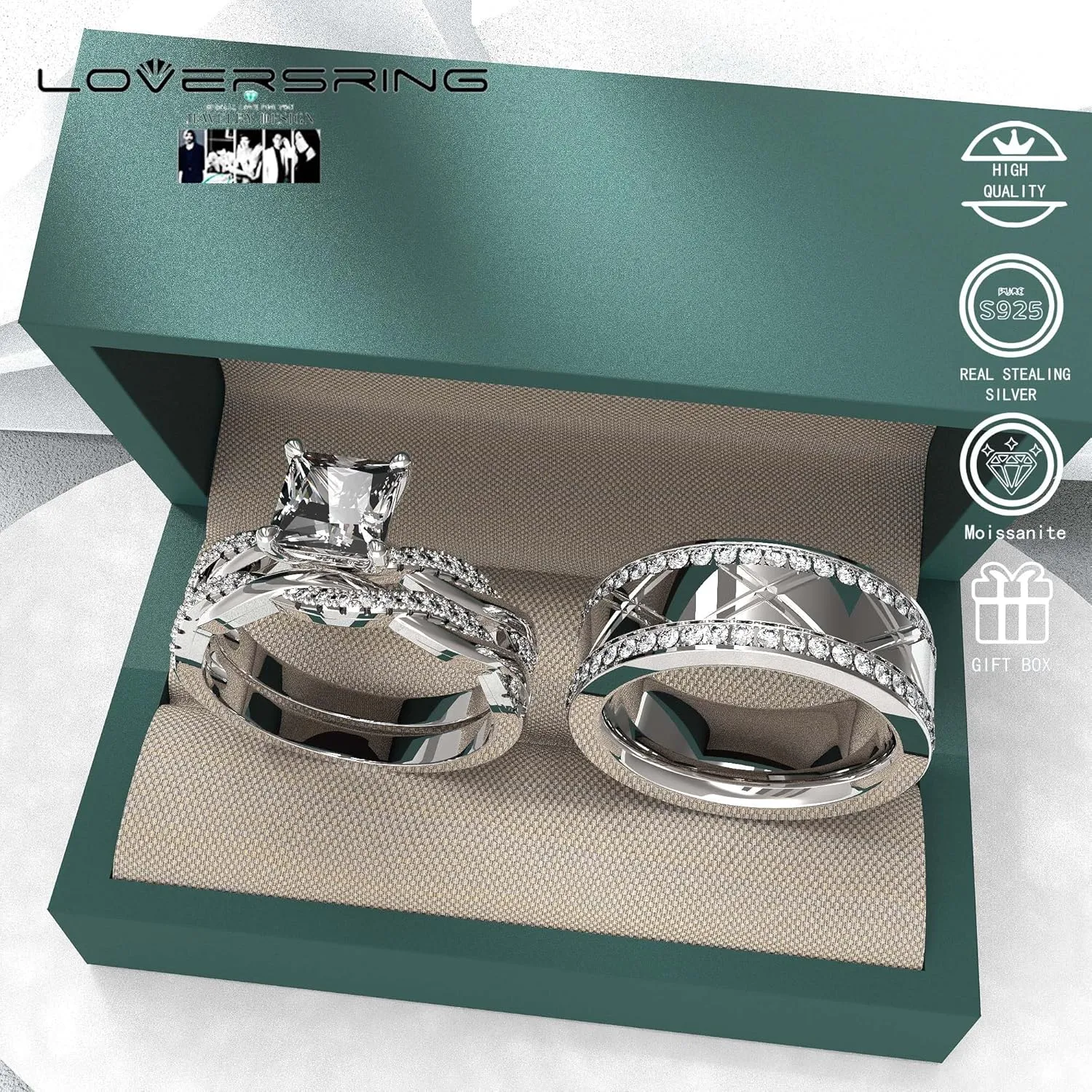 Wedding Ring Sets His And Hers Promise Ring Wedding Ring Sets His And Hers Couples Women 925 Sterling Silver Square Cut Moissanite Man titanium Wedding Band