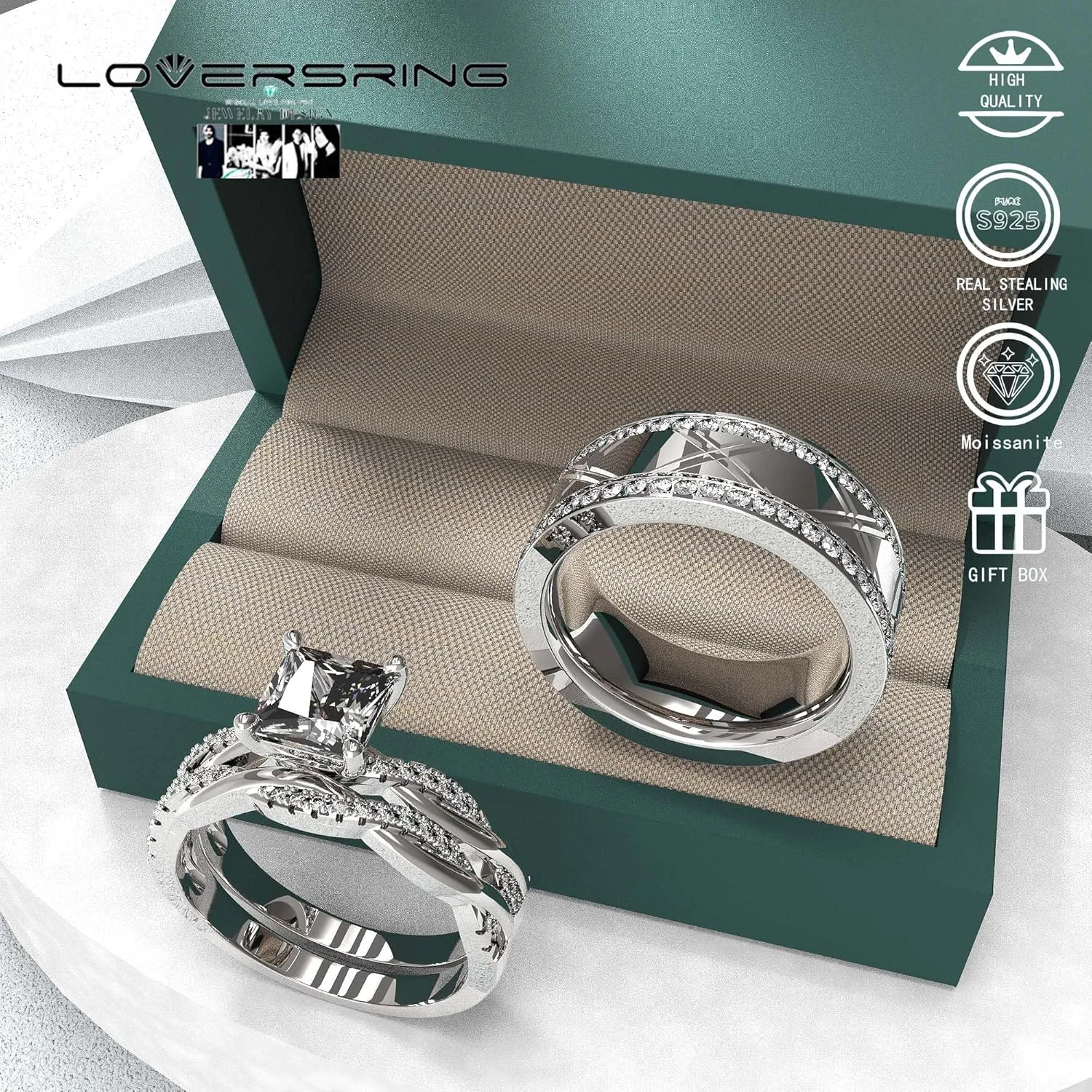 Wedding Ring Sets His And Hers Promise Ring Wedding Ring Sets His And Hers Couples Women 925 Sterling Silver Square Cut Moissanite Man titanium Wedding Band