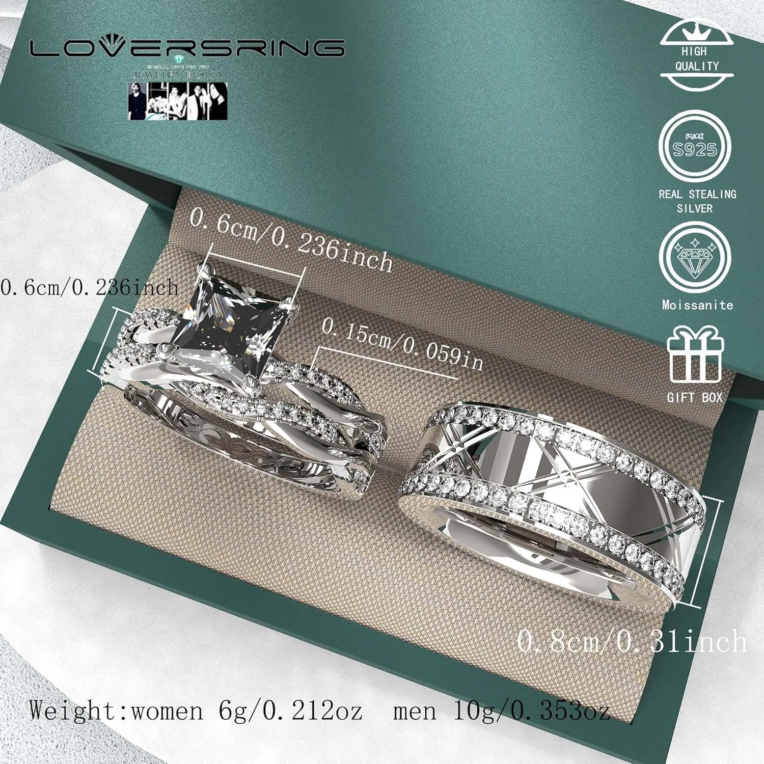 Wedding Ring Sets His And Hers Promise Ring Wedding Ring Sets His And Hers Couples Women 925 Sterling Silver Square Cut Moissanite Man titanium Wedding Band