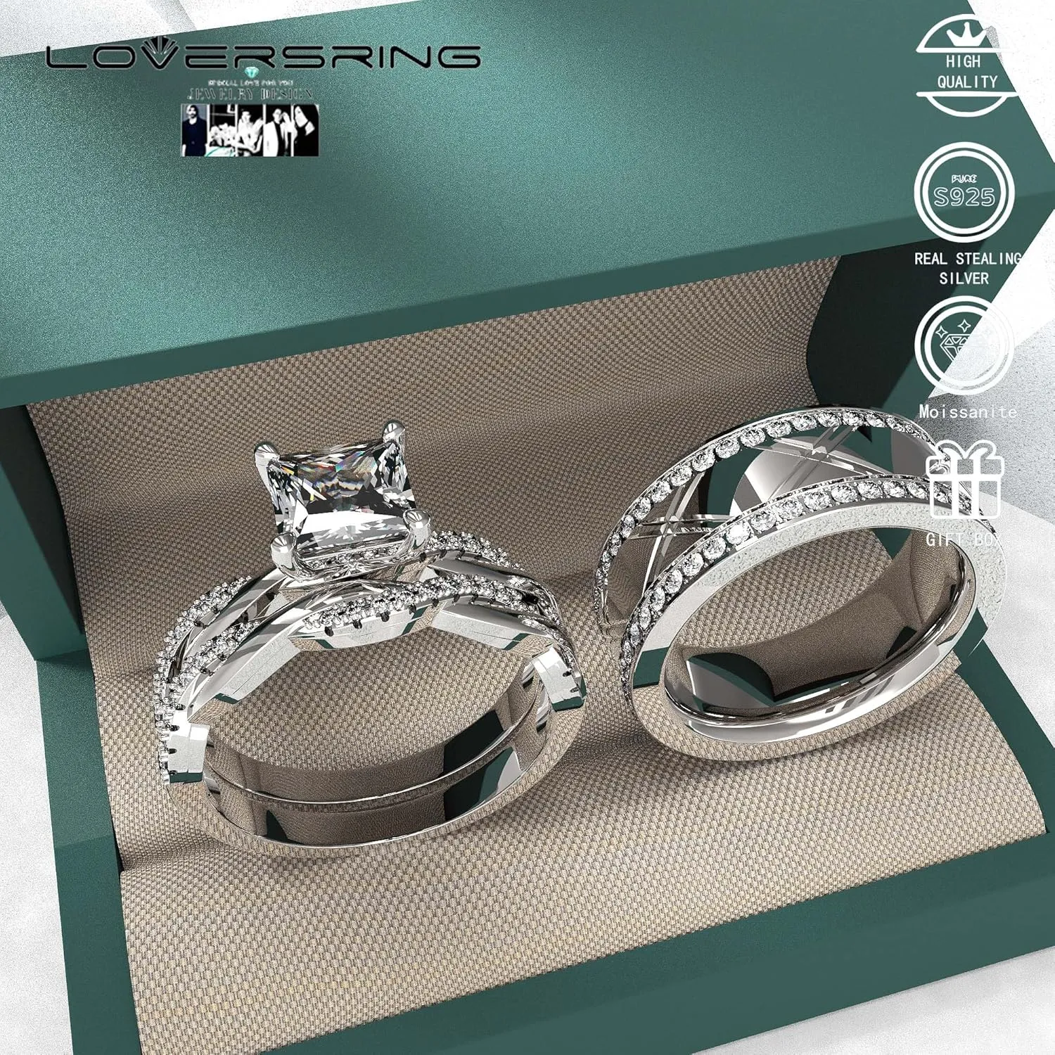 Wedding Ring Sets His And Hers Promise Ring Wedding Ring Sets His And Hers Couples Women 925 Sterling Silver Square Cut Moissanite Man titanium Wedding Band