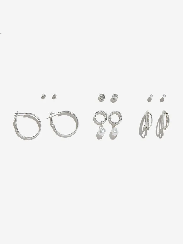 Westside Accessories Silver Pearl and Gemstone Stud and Hoop Earrings Set - Pack of 6