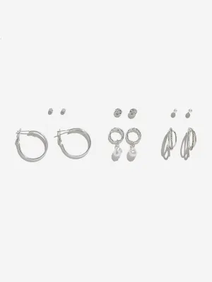 Westside Accessories Silver Pearl and Gemstone Stud and Hoop Earrings Set - Pack of 6