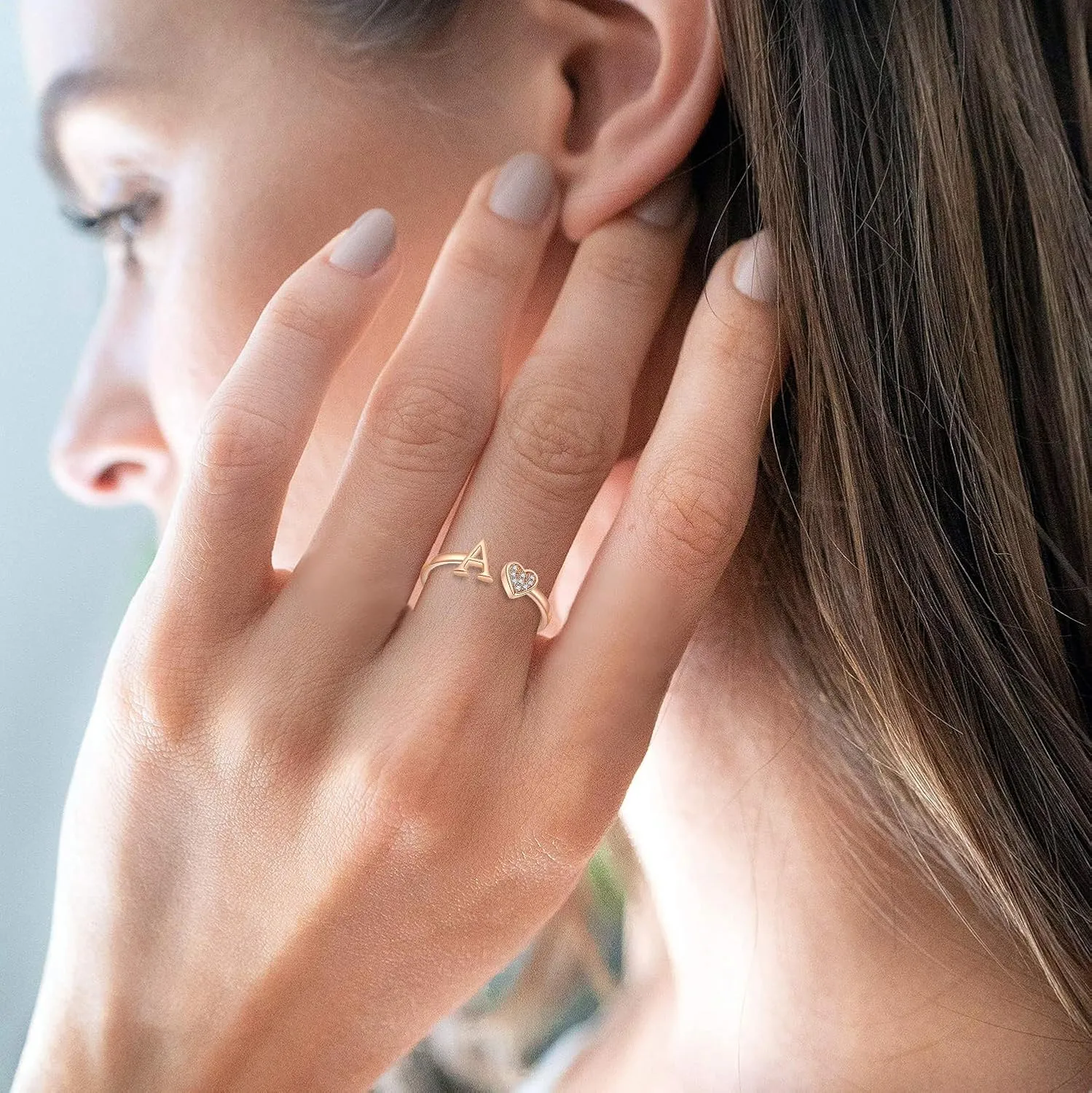 WFYOU Heart Initial Ring for Women Silver Rose Gold Plated Heart Capital Letter Initial Ring Stackable Rings for Women Adjustable Alphabet Letter Rings Jewelry Gifts