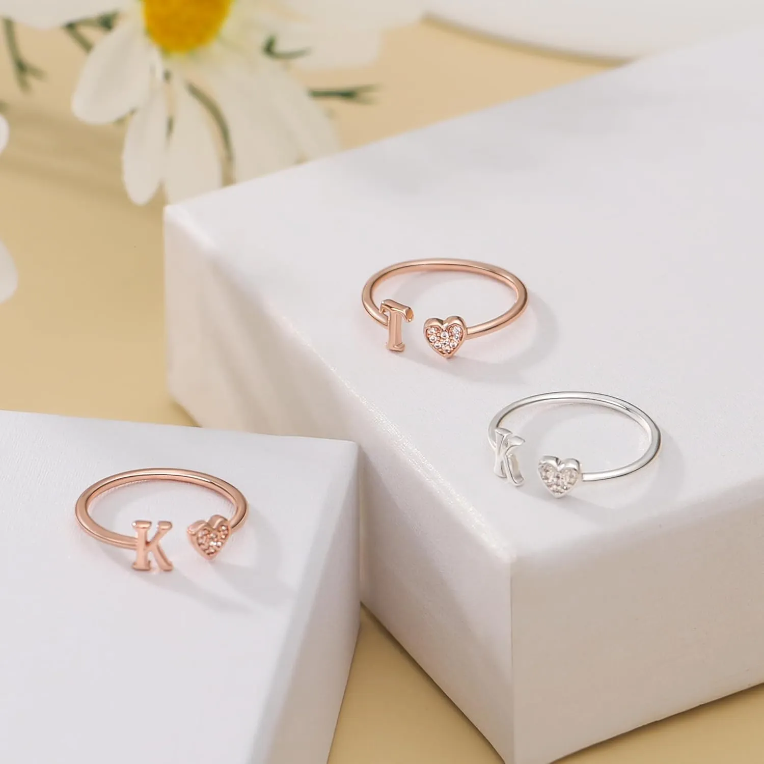 WFYOU Heart Initial Ring for Women Silver Rose Gold Plated Heart Capital Letter Initial Ring Stackable Rings for Women Adjustable Alphabet Letter Rings Jewelry Gifts