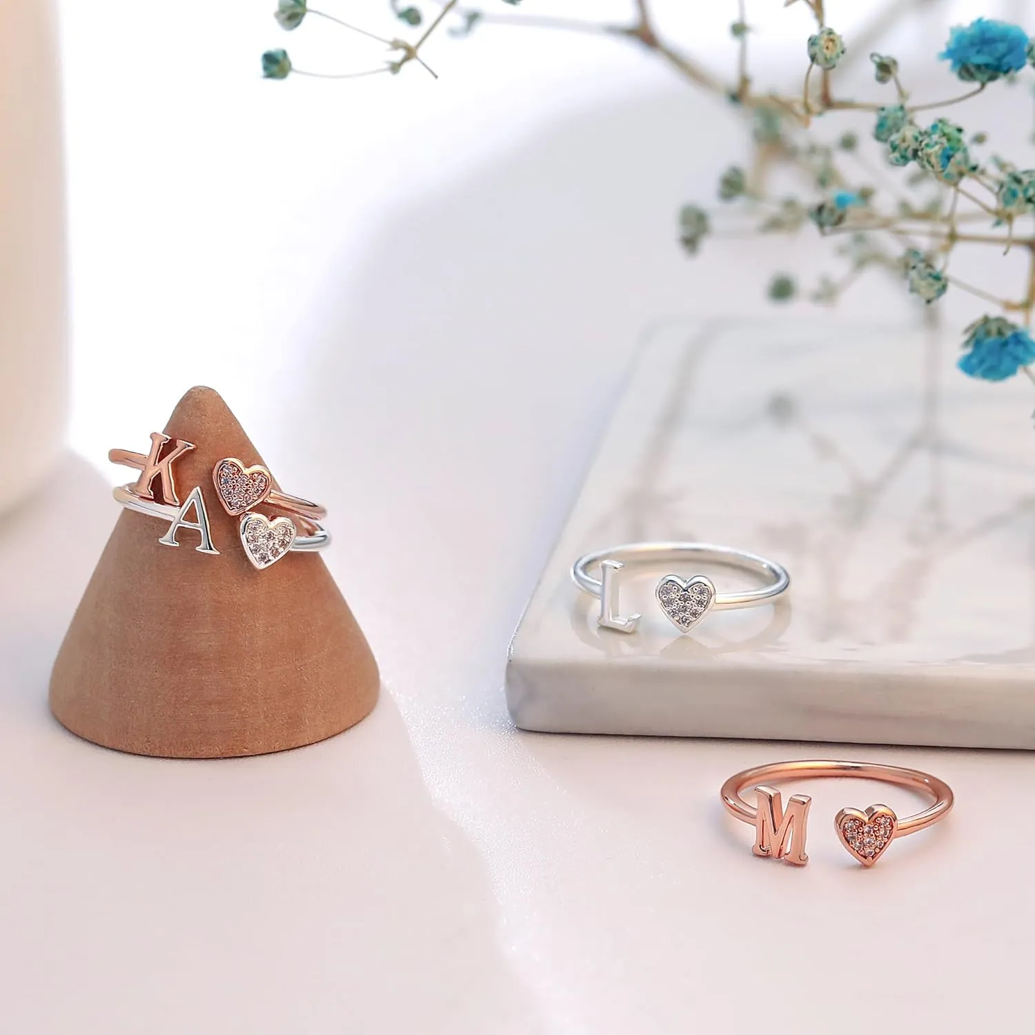 WFYOU Heart Initial Ring for Women Silver Rose Gold Plated Heart Capital Letter Initial Ring Stackable Rings for Women Adjustable Alphabet Letter Rings Jewelry Gifts