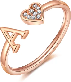 WFYOU Heart Initial Ring for Women Silver Rose Gold Plated Heart Capital Letter Initial Ring Stackable Rings for Women Adjustable Alphabet Letter Rings Jewelry Gifts
