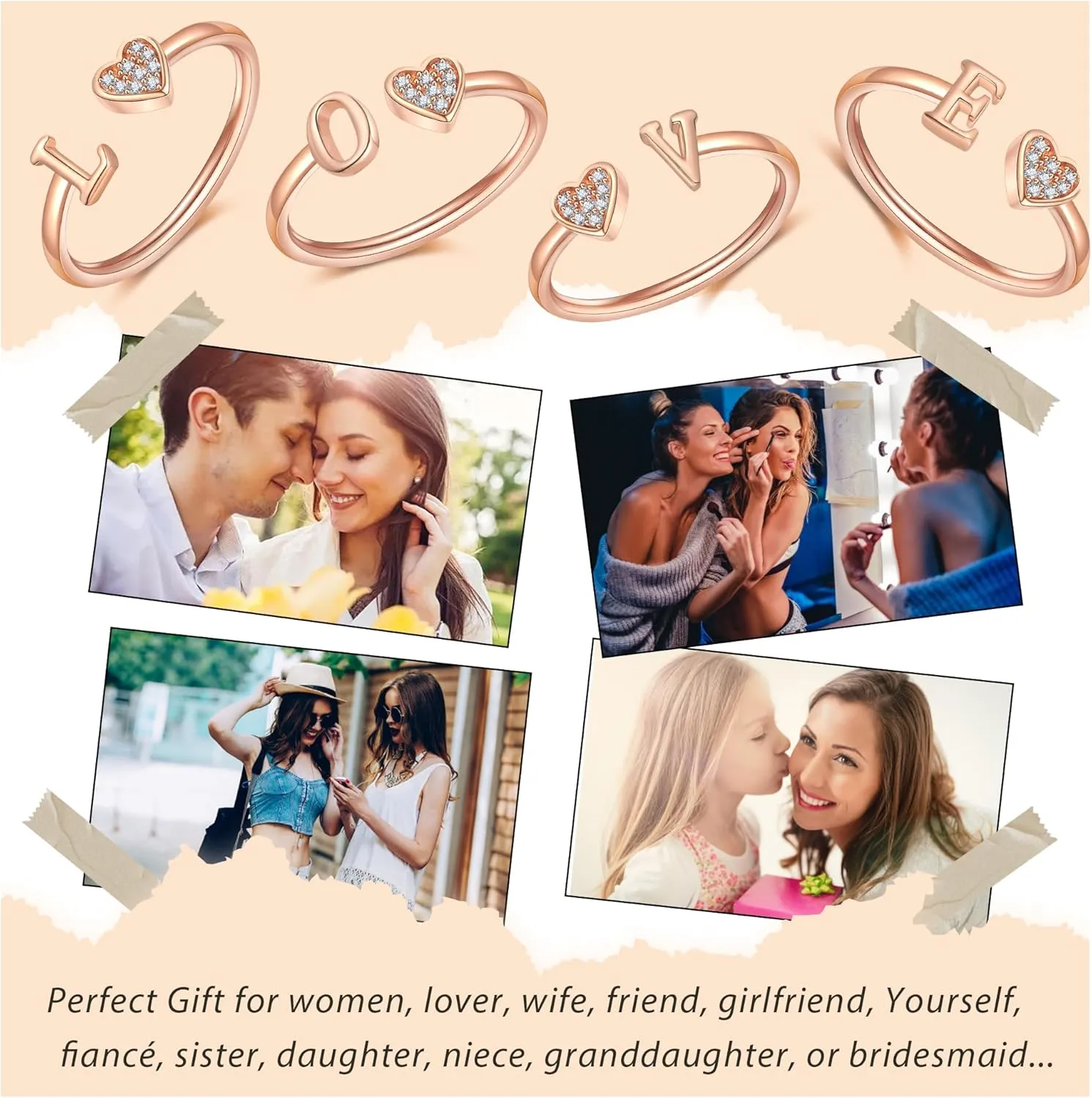 WFYOU Heart Initial Ring for Women Silver Rose Gold Plated Heart Capital Letter Initial Ring Stackable Rings for Women Adjustable Alphabet Letter Rings Jewelry Gifts