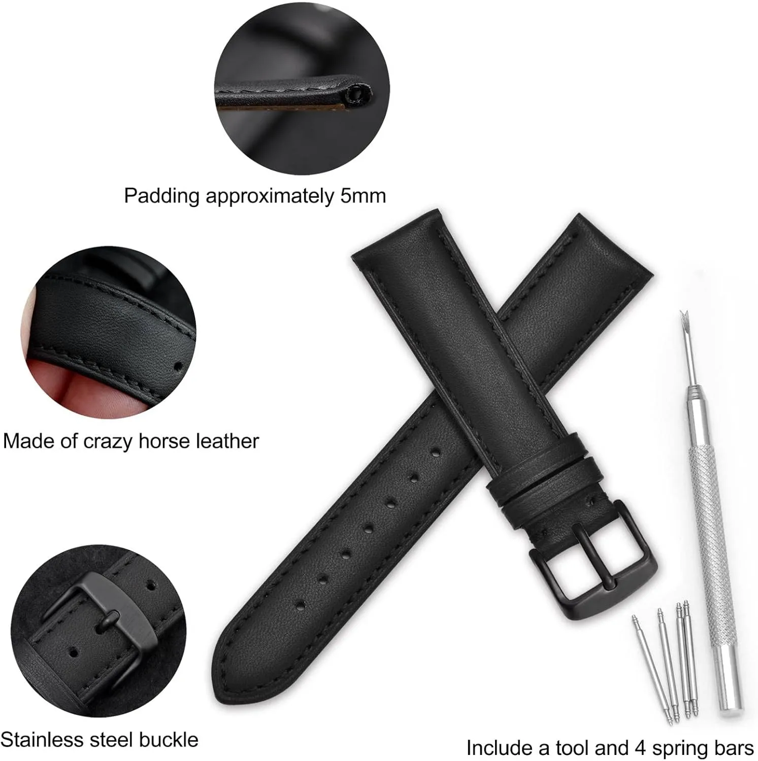 WOCCI 20mm Vintage Leather Watch Band with Black Buckle, Replacement Bands (Black)