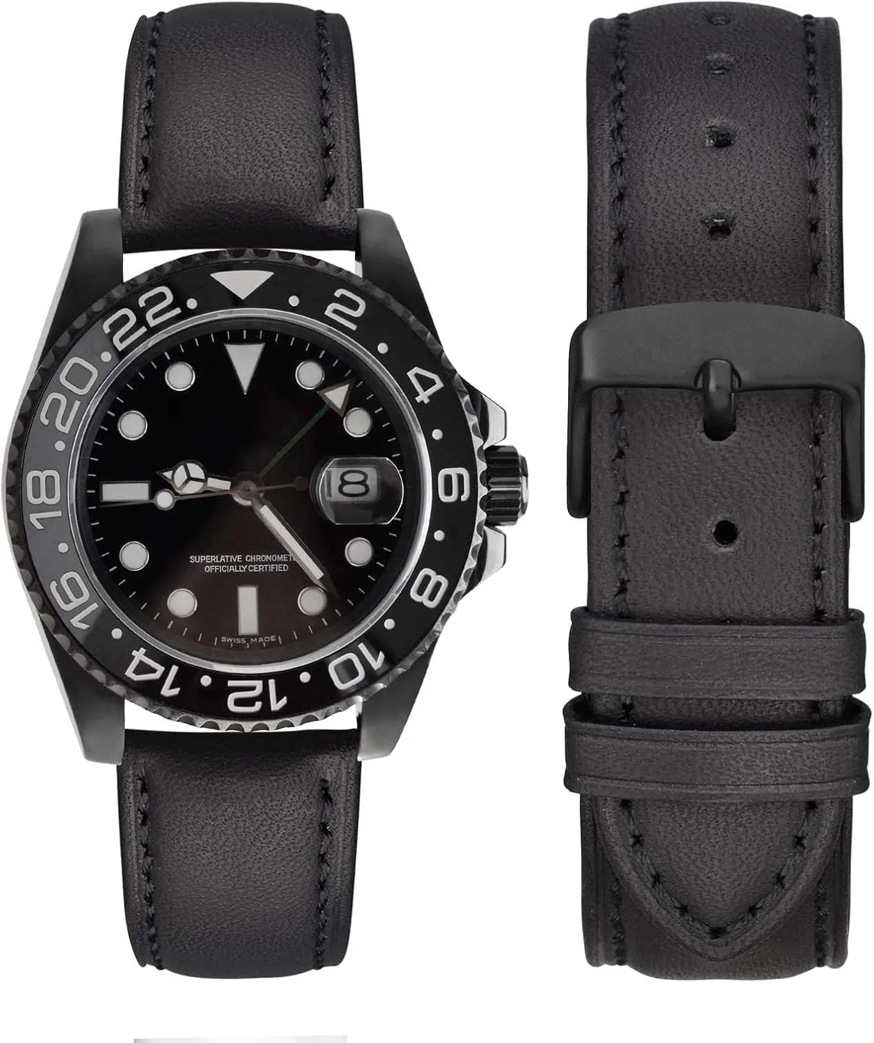 WOCCI 20mm Vintage Leather Watch Band with Black Buckle, Replacement Bands (Black)