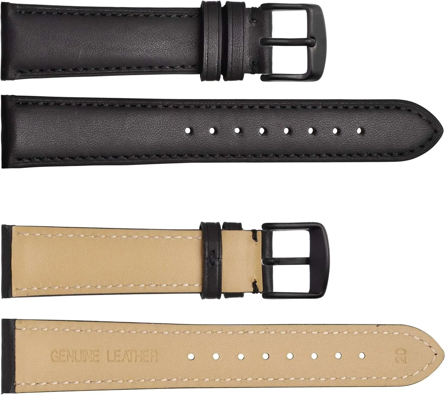 WOCCI 20mm Vintage Leather Watch Band with Black Buckle, Replacement Bands (Black)