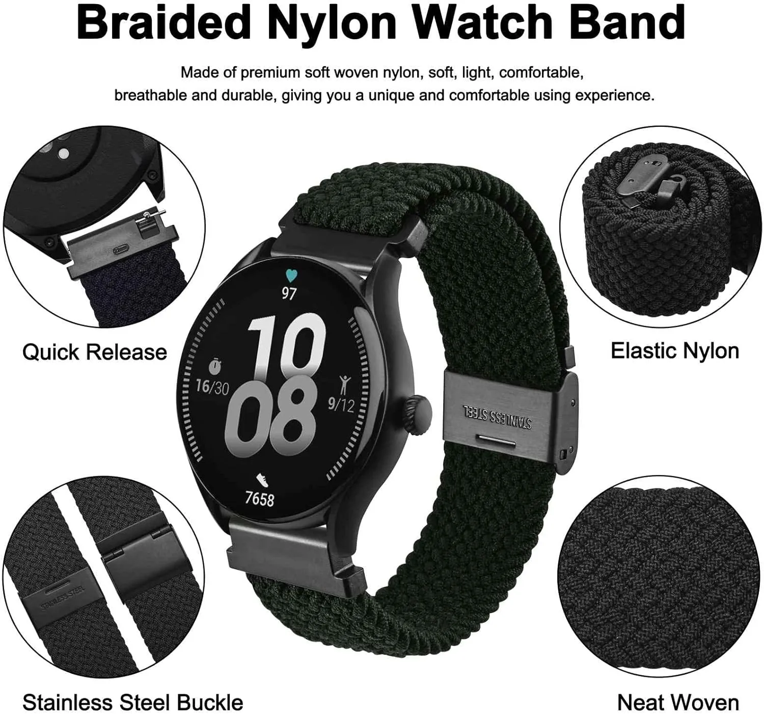 WOCCI 22mm Braided Nylon Watch Band for Men and Women, Quick Release, Black Stainless Steel Buckle (Black)
