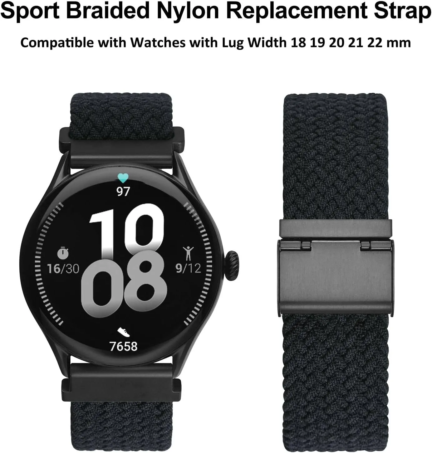 WOCCI 22mm Braided Nylon Watch Band for Men and Women, Quick Release, Black Stainless Steel Buckle (Black)