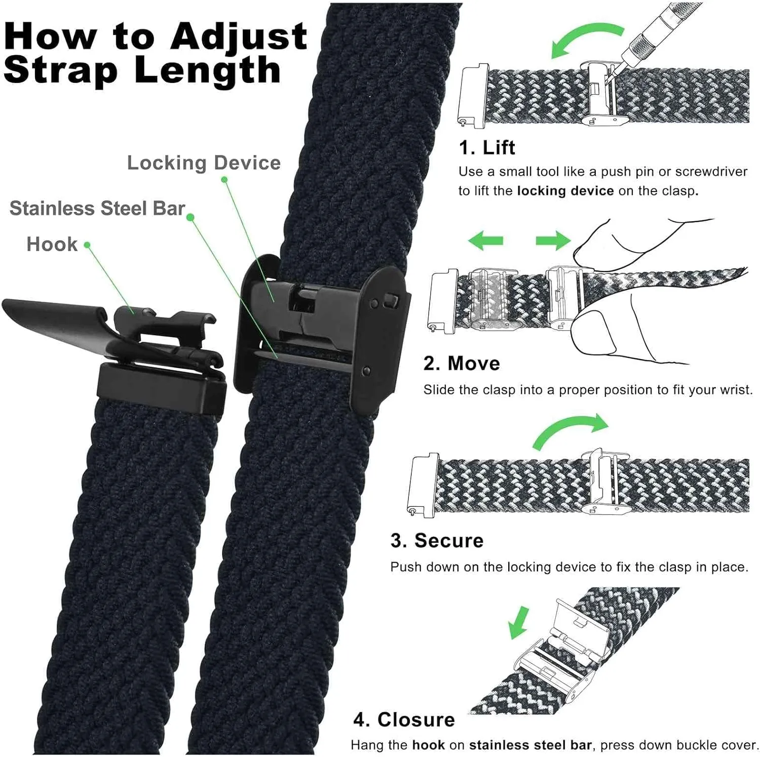 WOCCI 22mm Braided Nylon Watch Band for Men and Women, Quick Release, Black Stainless Steel Buckle (Black)