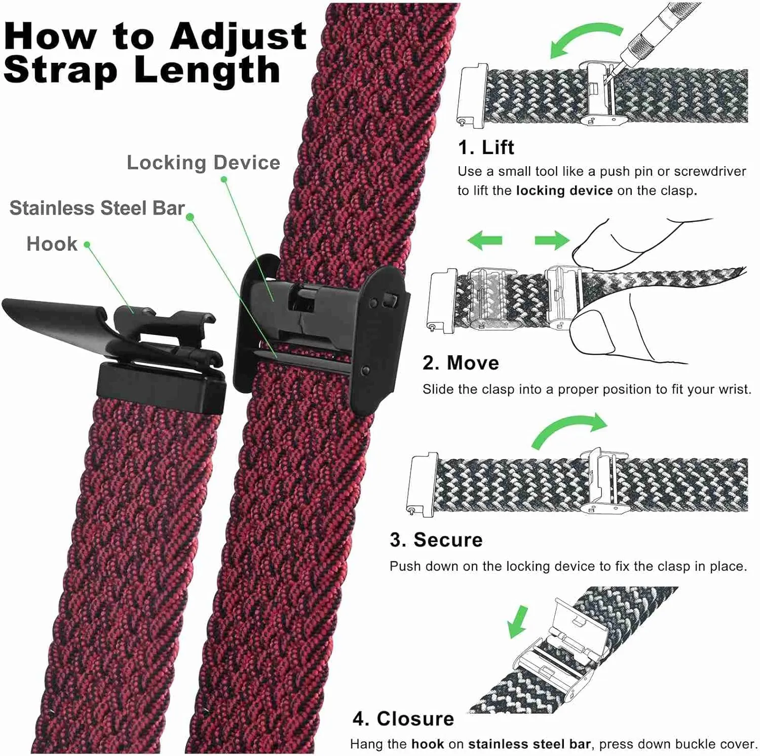 WOCCI 22mm Braided Nylon Watch Bands for Men and Women, 2 Packs Replacement Straps (Blue Red Black)